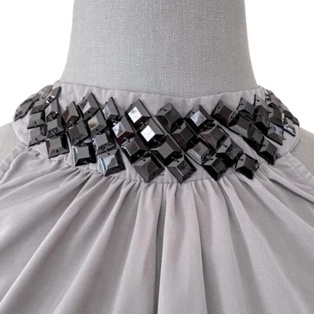 Vero Moda Women's Gray Halter Beaded Neck Top S Crystal Sleeveless Blouse Bow